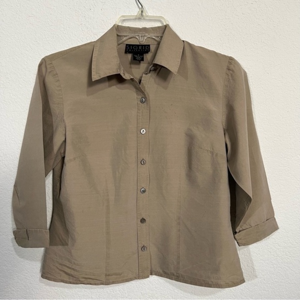 Sigrid Olsen Collection Taupe Silk Button Front Cuffed Sleeves Blouse Size 4